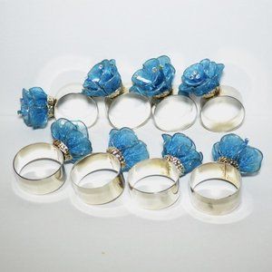 Set Of 8 Silver Tone Napkin Rings With Blue Flowers Dining Accessories